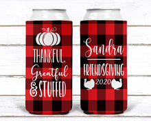 Load image into Gallery viewer, Friendsgiving Plaid Slim Party Huggers. Plaid Thanksgiving Party Favors. Turkey Party Favors! Friendsgiving Party! Plaid Skinny can favors!