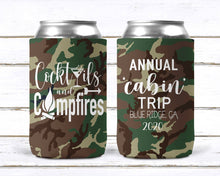 Load image into Gallery viewer, Camo Huggers. Cocktails and Campfires Party Huggers! Bachelorette Party Favors! Glamping or Camping Party! Camping Birthday. Girls weekend!