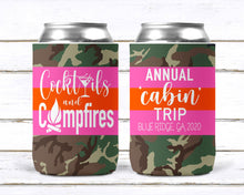 Load image into Gallery viewer, Camo Huggers. Cocktails and Campfires Party Huggers! Bachelorette Party Favors! Glamping or Camping Party! Camping Birthday. Girls weekend!