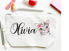Load image into Gallery viewer, Cat Theme Personalized Make Up bag. Kitten Make up Bag. Personalized Cat Theme Gift! Cat theme Party Favors! Cat Birthday Favor Bag!