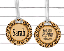 Load image into Gallery viewer, Leopard Print luggage tag. Great Monogrammed Birthday or Bridesmaids gift. Diaper Bags too! Bachelorette or Girls Weekend gifts.
