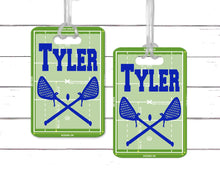 Load image into Gallery viewer, Lacrosse Field Bag Tag. Great LAX gifts for the team! First or last name, and number.Custom Lacrosse Bag Tag. Personalized LAX Gift!