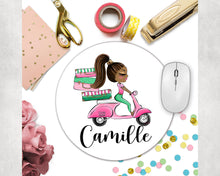 Load image into Gallery viewer, Vespa Mouse Pad. Custom Pink and Green Desk accessory! Great Mothers day or Co-worker Gift. Elegant desk accessory! Pink and green!