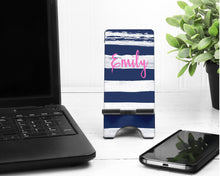 Load image into Gallery viewer, Navy and White Cell Phone Stand. Name or Monogram! Personalized phone stand! Great custom teacher gift! Personalized Gift for Mom Sister!