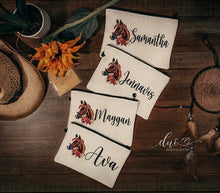 Load image into Gallery viewer, Equestrian Personalized Make Up bag. Hunter Jumper Gift Dressage 3 Day Event Make up Bag. Personalized Equestrian Team Gift! Horse Birthday