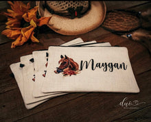 Load image into Gallery viewer, Equestrian Personalized Make Up bag. Hunter Jumper Gift Dressage 3 Day Event Make up Bag. Personalized Equestrian Team Gift! Horse Birthday