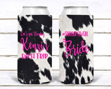 Load image into Gallery viewer, Western Cowhide Bachelorette or Birthday Slim Can Favors. Personalized Austin or Nashville Party. Custom Disco Cowgirl Party Favors.