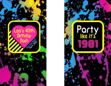 Load image into Gallery viewer, 80's Theme Party Huggers. Slim Can 80's Birthday or Bachelorette Huggers. Retro Birthday Coolies. 80's Prom Party favors!