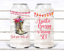 Load image into Gallery viewer, Boots and Wood Party Huggers. Nashville Bachelorette or Birthday Party Favors. Slim Can Country Wedding. Austin Bachelorette party!