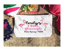 Load image into Gallery viewer, Flamingo Make Up bag. Great Bachelorette or Girls Weekend Favors. Bachelorette Beach Weekend Make up Bag.