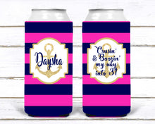 Load image into Gallery viewer, Navy and White "Glitter" Anchor Huggers. Nautical Bachelorette or Birthday Huggers. Nautical Slim Can Party Favors. Nautical Wedding Favors