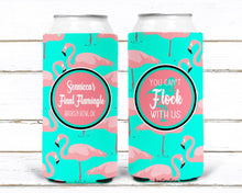 Load image into Gallery viewer, Bachelorette Flamingo Huggers. Birthday or Girls Weekend Coolies. Monogram Bachelorette Party Favors. Personalized Beverage Insulators!
