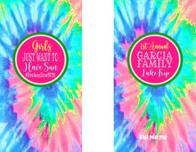 Load image into Gallery viewer, Tie Dye Personalized Huggers. Lake or River Party Favors. Tie Dye Party Favors! 70's Birthday or Bachelorette Tubing Party Favors!