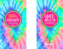 Load image into Gallery viewer, Tie Dye Personalized Huggers. Lake or River Party Favors. Tie Dye Party Favors! 70's Birthday or Bachelorette Tubing Party Favors!