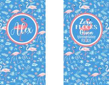 Load image into Gallery viewer, Blue Flamingo Party Huggers. Beach Birthday or Girls Weekend. Slim Flamingle Bachelorette Party Favors. Personalized Beach Flamingo Favors.