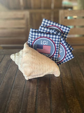 Load image into Gallery viewer, Gingham America Party Huggers. 'Merica Birthday Coolies! Red White and Blue Party Gifts. USA Birthday Favors. Flag Party Huggers.
