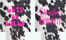 Load image into Gallery viewer, Western Cowhide Bachelorette or Birthday Slim Can Favors. Personalized Austin or Nashville Party. Custom Disco Cowgirl Party Favors.