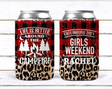 Load image into Gallery viewer, Plaid and Leopard Party Huggers. Flannel Bachelorette or Birthday Favors. Family Camping. Flannel Fling! GlampingParty favors!