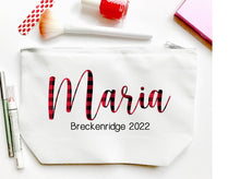 Load image into Gallery viewer, Plaid Personalized Make Up bag. Great Bachelorette or Girls Weekend Favors. Plaid Weekend Make up Bag. Wedding Party Cosmetic Bag!