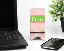 Load image into Gallery viewer, Pink and Green Ivy Cell Phone Stand. Custom Phone Stand, Fits most Cell phones. Great Sorority gift. Perfect for desks, night stands!
