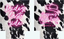 Load image into Gallery viewer, Western Cowhide Bachelorette or Birthday Slim Can Favors. Personalized Austin or Nashville Party. Custom Disco Cowgirl Party Favors.