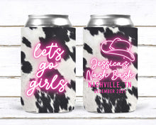 Load image into Gallery viewer, Western Cowhide Bachelorette or Birthday Slim Can Favors. Personalized Austin or Nashville Party. Custom Disco Cowgirl Party Favors.