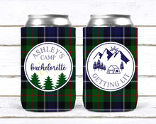 Load image into Gallery viewer, Plaid Camp Bachelorette Huggers. Plaid Bachelorette or Birthday Party Favors too! Plaid Camping Party Huggers. Flannel & Fizz