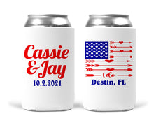 Load image into Gallery viewer, American Flag Beverage Huggers. Wedding Party Favors. Personalized USA wedding favors. USA bachelorette favors.