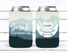 Load image into Gallery viewer, Mountain Camp Bachelorette Huggers. Mountain Bachelorette or Birthday Party Favors too! Camping Party Huggers. Flannel & Fizz