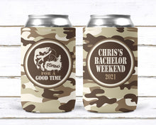 Load image into Gallery viewer, Camo Bachelor Party Huggers. Guy's Birthday Huggers! Bachelor Party Camo Favors too! Guys Hunting Trip Can Koolie