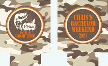 Load image into Gallery viewer, Camo Fishing Party Drink Huggers. Fishing Party Drink Huggers! Fly Fishing Birthday Party Favors. Fishing Bachelor Party Favors!Camo