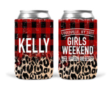 Load image into Gallery viewer, Plaid and Leopard Party Huggers. Flannel Bachelorette or Birthday Favors. Family Camping. Flannel Fling! GlampingParty favors!