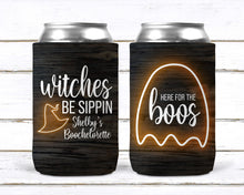 Load image into Gallery viewer, Halloween Party Favors. Personalized Witch Huggers. Spooky Ghost Bachelorette Party. Halloween Wedding Shower Coolies!