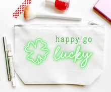 Load image into Gallery viewer, Shamrock Make up bag. Great Bachelorette or Girls Weekend Favors.Cosmetic Bag. Neon Clover Make up bag Party Favors! Wedding Party Gifts!