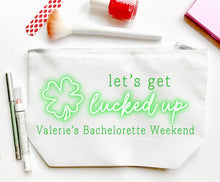 Load image into Gallery viewer, Shamrock Make up bag. Great Bachelorette or Girls Weekend Favors.Cosmetic Bag. Neon Clover Make up bag Party Favors! Wedding Party Gifts!