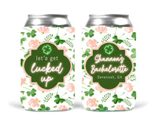 Load image into Gallery viewer, Shamrock Watercolor Huggers. St Patrick's Day Party Favors. Clover Bachelorette huggers. Irish Party Favors. Neon Personalized Can Coolers!