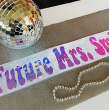 Load image into Gallery viewer, Disco Party 4" vinyl Satin Sash. Disco Bride Sash with Glitter or holographic. Disco Bachelorette Sash! Disco Cowgirl Party Sash!