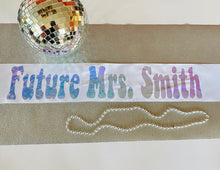 Load image into Gallery viewer, Disco Party 4" vinyl Satin Sash. Disco Bride Sash with Glitter or holographic. Disco Bachelorette Sash! Disco Cowgirl Party Sash!
