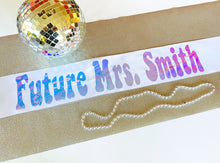 Load image into Gallery viewer, Disco Party 4" vinyl Satin Sash. Disco Bride Sash with Glitter or holographic. Disco Bachelorette Sash! Disco Cowgirl Party Sash!