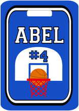 Load image into Gallery viewer, Basketball Bag Tag. Great Basketball team present or Birthday gift. Monogram or Last name, and number. Any school colors can be used!