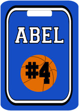 Load image into Gallery viewer, Basketball Bag Tag. Great Basketball team present or Birthday gift. Monogram or Last name, and number. Any school colors can be used!