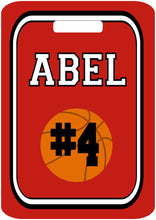 Load image into Gallery viewer, Basketball Bag Tag. Great Basketball team present or Birthday gift. Monogram or Last name, and number. Any school colors can be used!