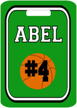 Load image into Gallery viewer, Basketball Bag Tag. Great Basketball team present or Birthday gift. Monogram or Last name, and number. Any school colors can be used!