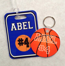 Load image into Gallery viewer, Basketball Bag Tag. Great Basketball team present or Birthday gift. Monogram or Last name, and number. Any school colors can be used!