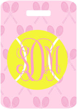 Load image into Gallery viewer, Pink Racquets Tennis Bag Tag. Great Monogrammed Tennis gift. Backpack or Tennis bag! Tennis team gift. Great Tennis Party Favors.