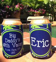 Load image into Gallery viewer, Navy Palm Tree Vacation Huggers. Bachelorette or Birthday Beach Favors. Slim Beach Bachelorette Party Favors.Personalized vacation Huggers!