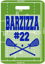 Load image into Gallery viewer, Lacrosse Field Bag Tag. Great LAX gifts for the team! First or last name, and number.Custom Lacrosse Bag Tag. Personalized LAX Gift!
