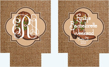 Load image into Gallery viewer, Western "Burlap" Huggers. Burlap Bachelorette or Birthday Party Favors. Monogram Western Bachelorette Party Favors.Nashville or Austin Party