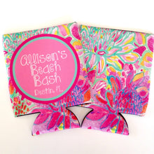 Load image into Gallery viewer, Floral Party Can Coolies. Tropical Flowers Beverage Insulators.Monogram Bridesmaid or Bachelorette Party Favors.Girl's Weekend Beach Favors.