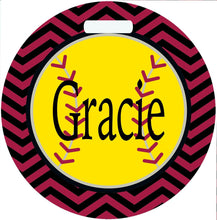 Load image into Gallery viewer, Softball Bag Tag. Monogrammed Tag Perfect on a Softball bag or luggage! Softball player gift. Great team or Coaches gift. Custom colors!